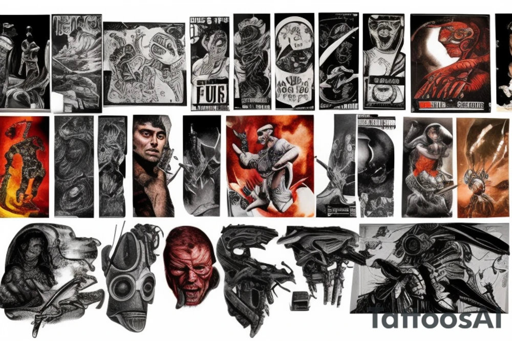 full sleeve, retro heroes, pulp, Science fiction, color, battle scene, monsters, tattoo idea
