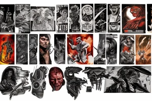 full sleeve, retro heroes, pulp, Science fiction, color, battle scene, monsters, tattoo idea