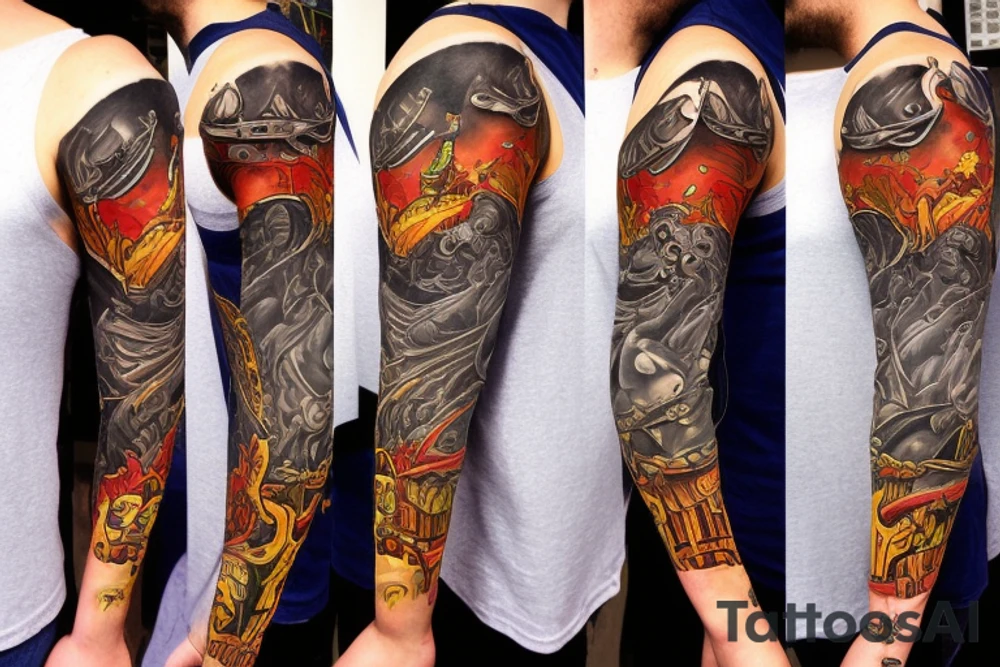 full sleeve, retro heroes, pulp, Science fiction, color, battle scene, monsters, tattoo idea