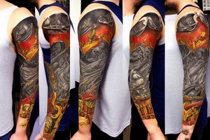 full sleeve, retro heroes, pulp, Science fiction, color, battle scene, monsters, tattoo idea