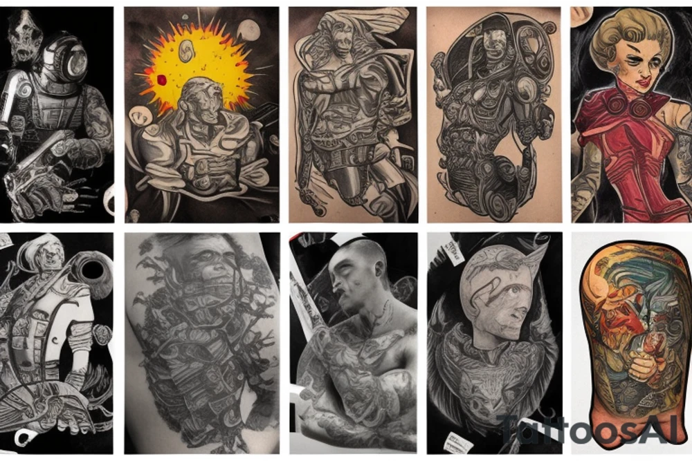full sleeve, retro heroes, pulp, Science fiction, color, battle scene, monsters, tattoo idea