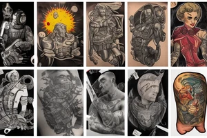 full sleeve, retro heroes, pulp, Science fiction, color, battle scene, monsters, tattoo idea