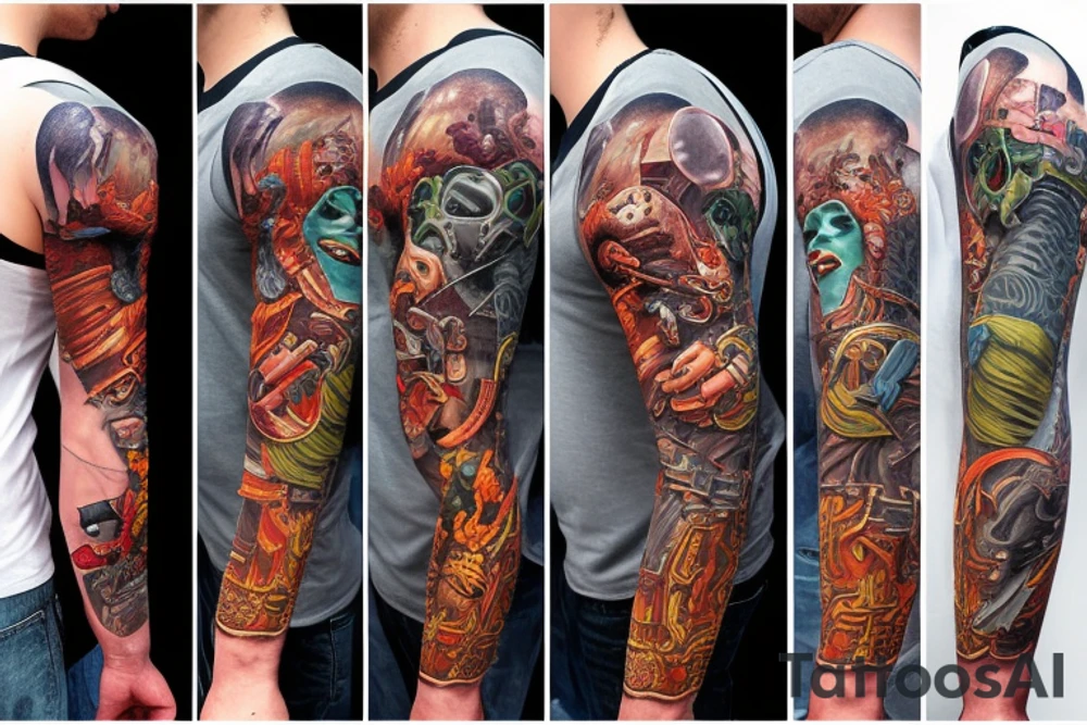 full sleeve, retro heroes, pulp, Science fiction, color, battle scene, monsters, tattoo idea