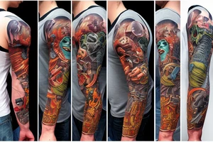 full sleeve, retro heroes, pulp, Science fiction, color, battle scene, monsters, tattoo idea