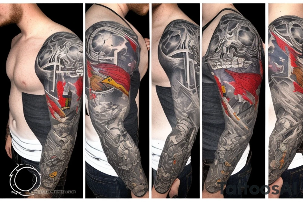 full sleeve, retro heroes, pulp, Science fiction, color, battle scene, monsters, tattoo idea