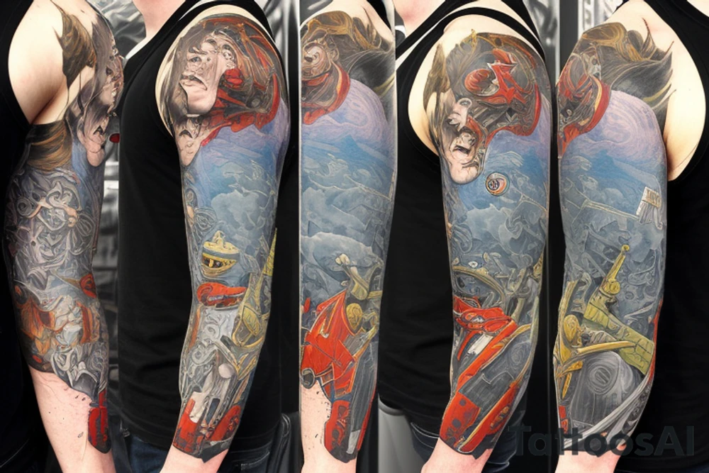 full sleeve, retro heroes, pulp, Science fiction, color, battle scene, monsters, tattoo idea