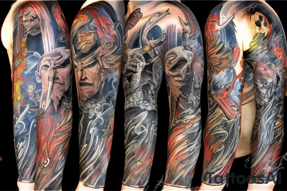 full sleeve, retro heroes, pulp, Science fiction, color, battle scene, monsters, tattoo idea