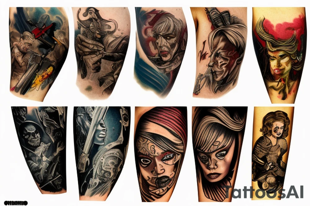 full sleeve, retro heroes, pulp, Science fiction, color, battle scene, monsters, tattoo idea
