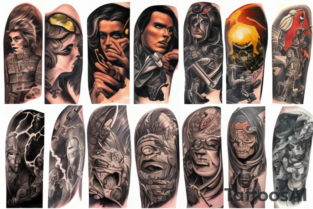 full sleeve, retro heroes, pulp, Science fiction, color, battle scene, monsters, tattoo idea
