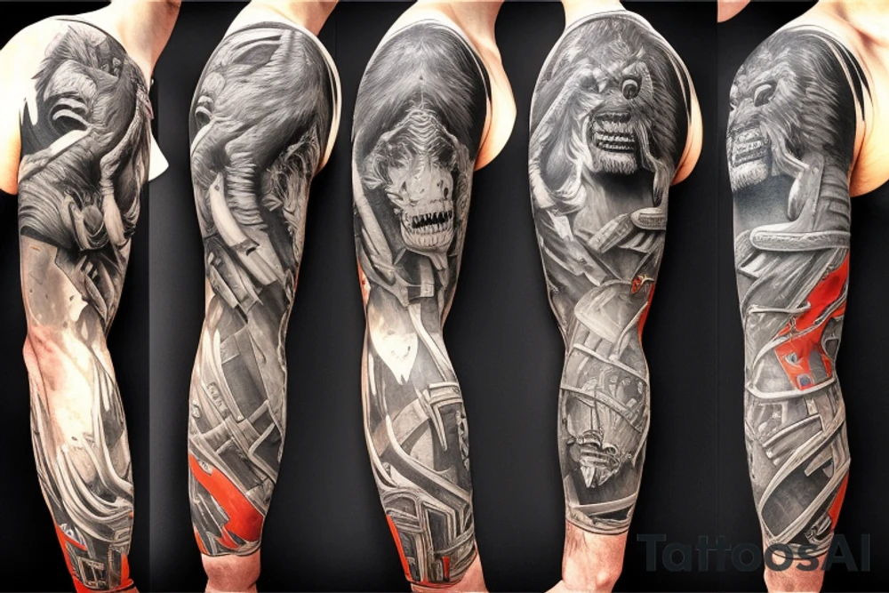 full sleeve, retro heroes, pulp, Science fiction, color, battle scene, monsters, tattoo idea