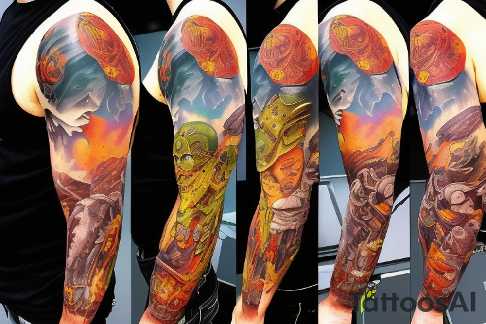 full sleeve, retro heroes, pulp, Science fiction, color, battle scene, monsters, tattoo idea