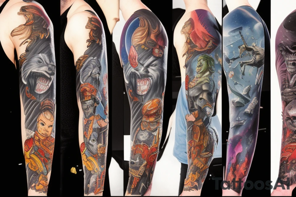 full sleeve, retro heroes, pulp, Science fiction, color, battle scene, monsters, tattoo idea