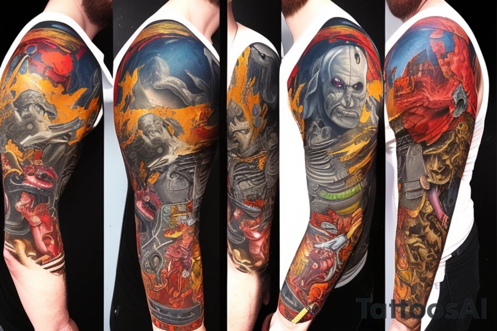 full sleeve, retro heroes, pulp, Science fiction, color, battle scene, monsters, tattoo idea