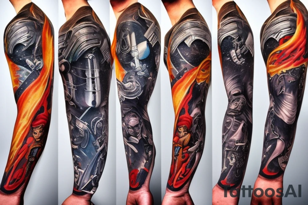 full sleeve, retro heroes, pulp, Science fiction, color, battle scene, monsters, tattoo idea