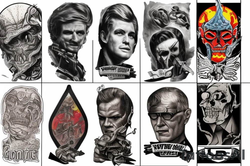 full sleeve, retro heroes, pulp, Science fiction, color, battle scene, monsters, tattoo idea
