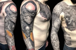 full sleeve, retro heroes, pulp, Science fiction, color, battle scene, monsters, tattoo idea