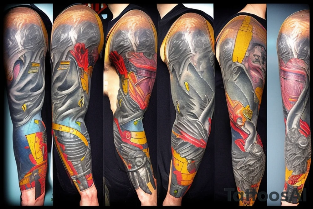 full sleeve, retro heroes, pulp, Science fiction, color, battle scene, alien, soldier tattoo idea