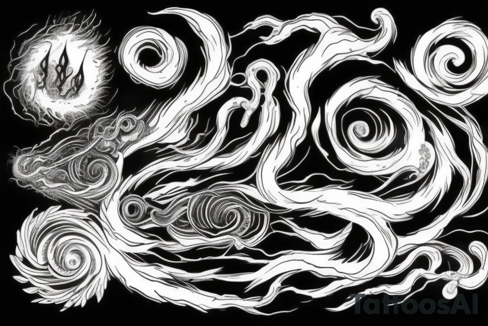 A long tornado with lightings and souls. tattoo idea
