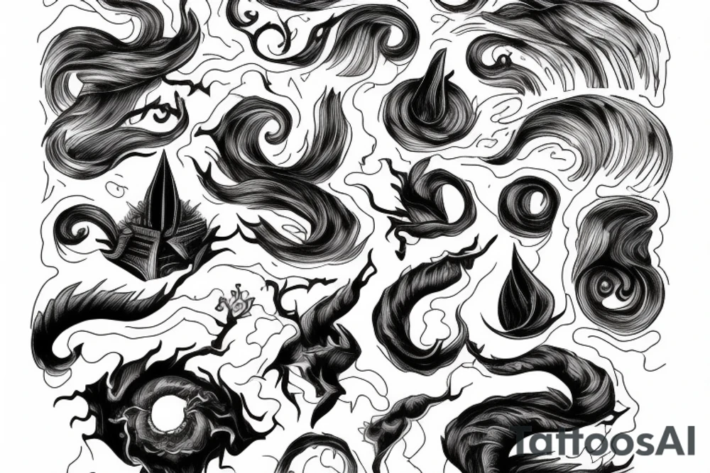 A long tornado with lightings and souls. tattoo idea