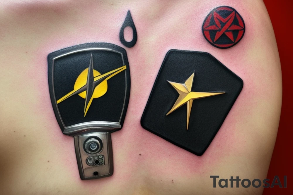 star trek communicator badge over atom symbol tattoo idea