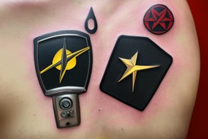 star trek communicator badge over atom symbol tattoo idea