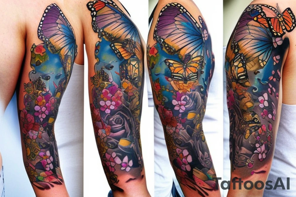 time clockwork butterfly sleeve tattoo idea