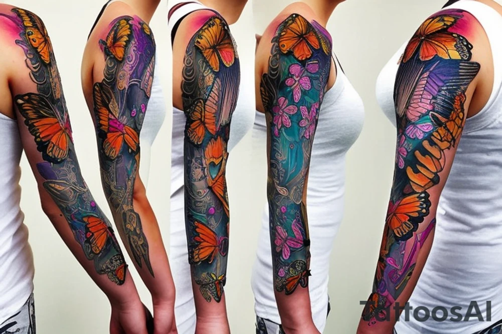 time clockwork butterfly sleeve tattoo idea