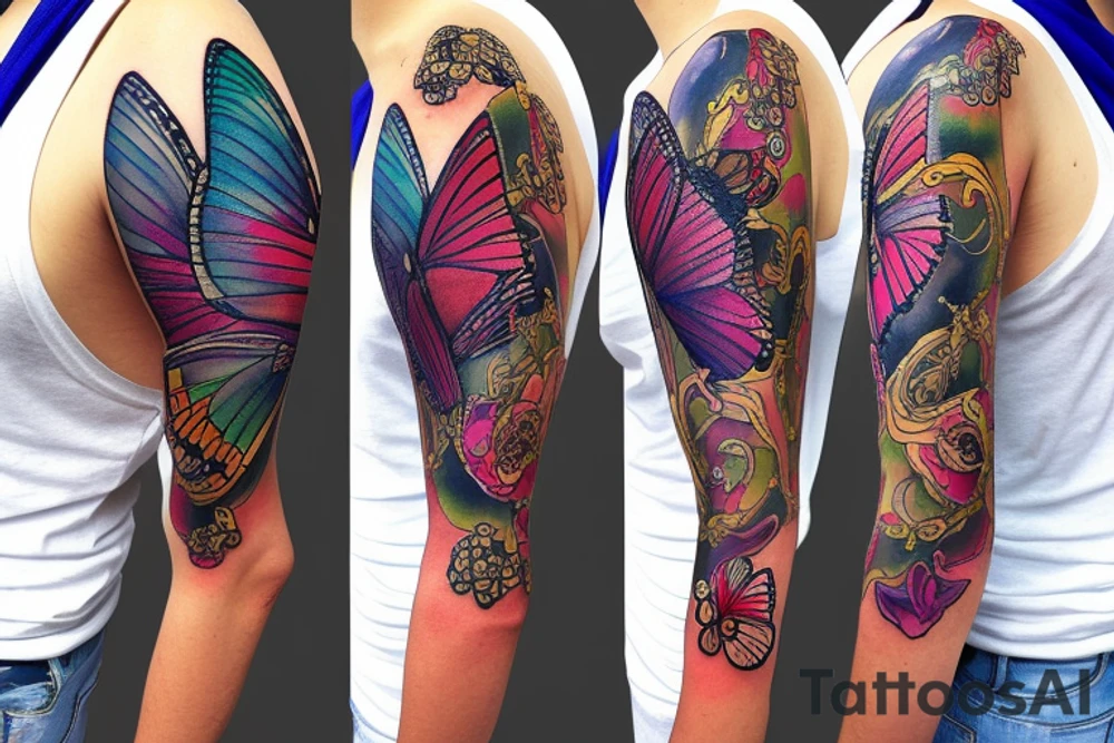 time clockwork butterfly sleeve tattoo idea