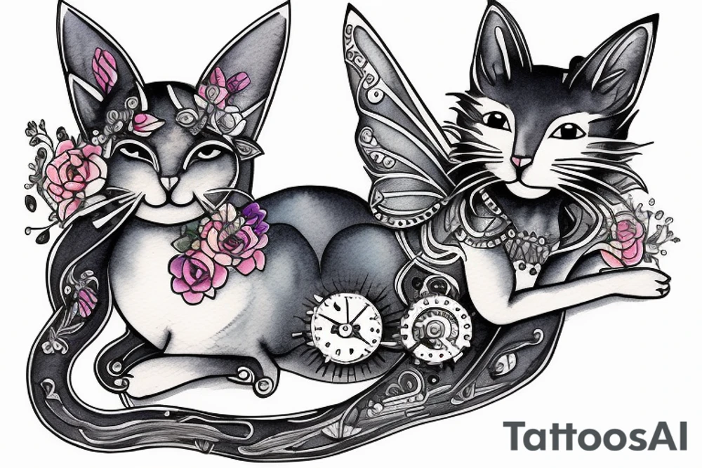 clockwork fairy gray and white cat tattoo idea
