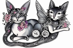 clockwork fairy gray and white cat tattoo idea