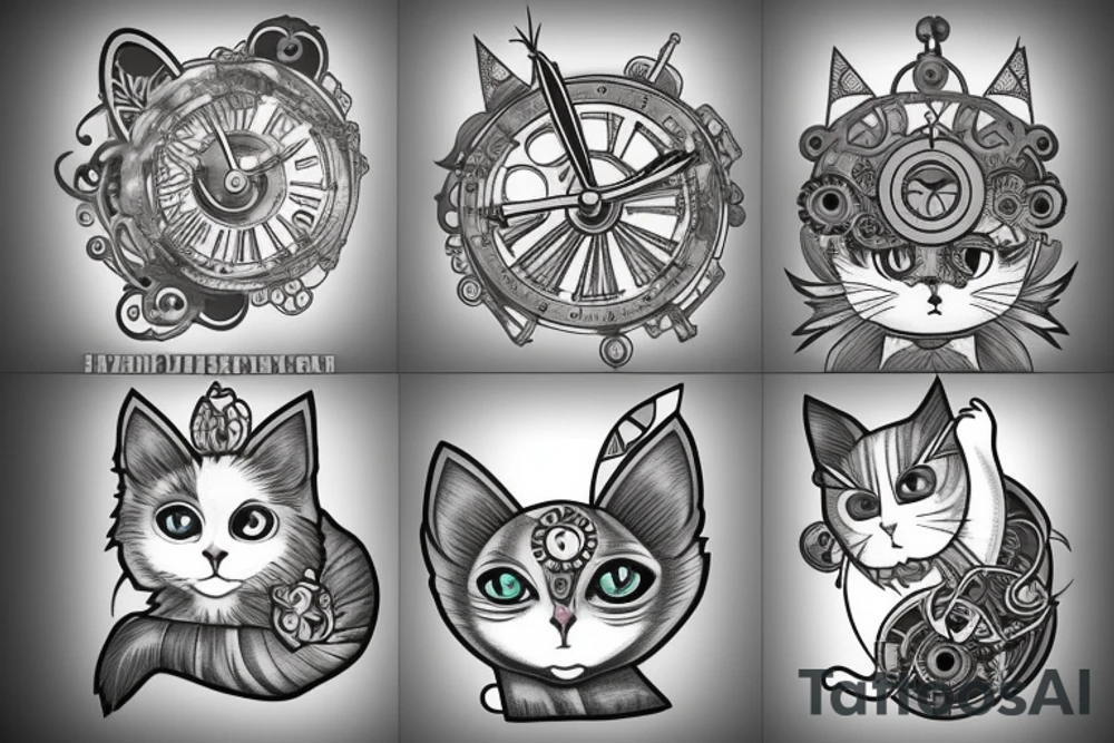 clockwork fairy gray and white cat tattoo idea