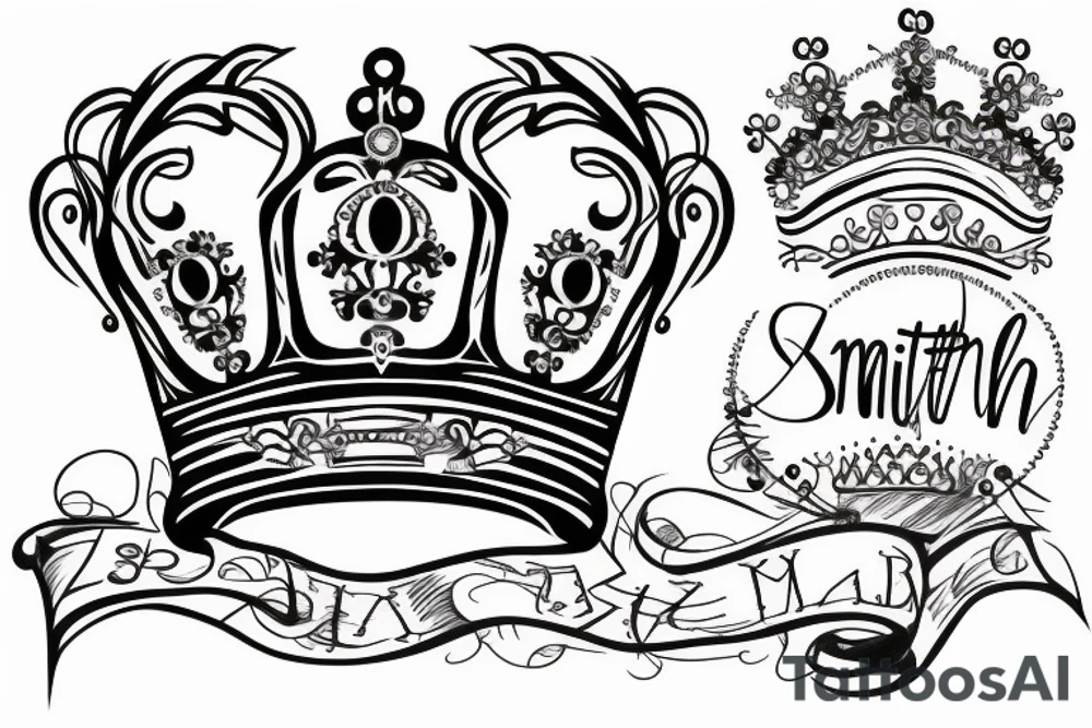 S with a crown on top of it with ribbon that says smith tattoo idea