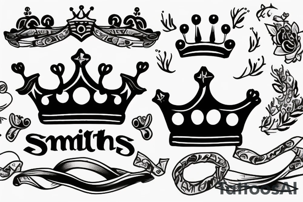 S with a crown on top of it with ribbon that says smith tattoo idea