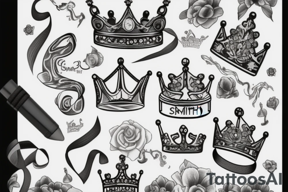 S with a crown on top of it with ribbon that says smith tattoo idea