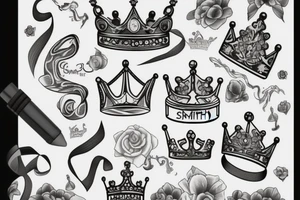 S with a crown on top of it with ribbon that says smith tattoo idea