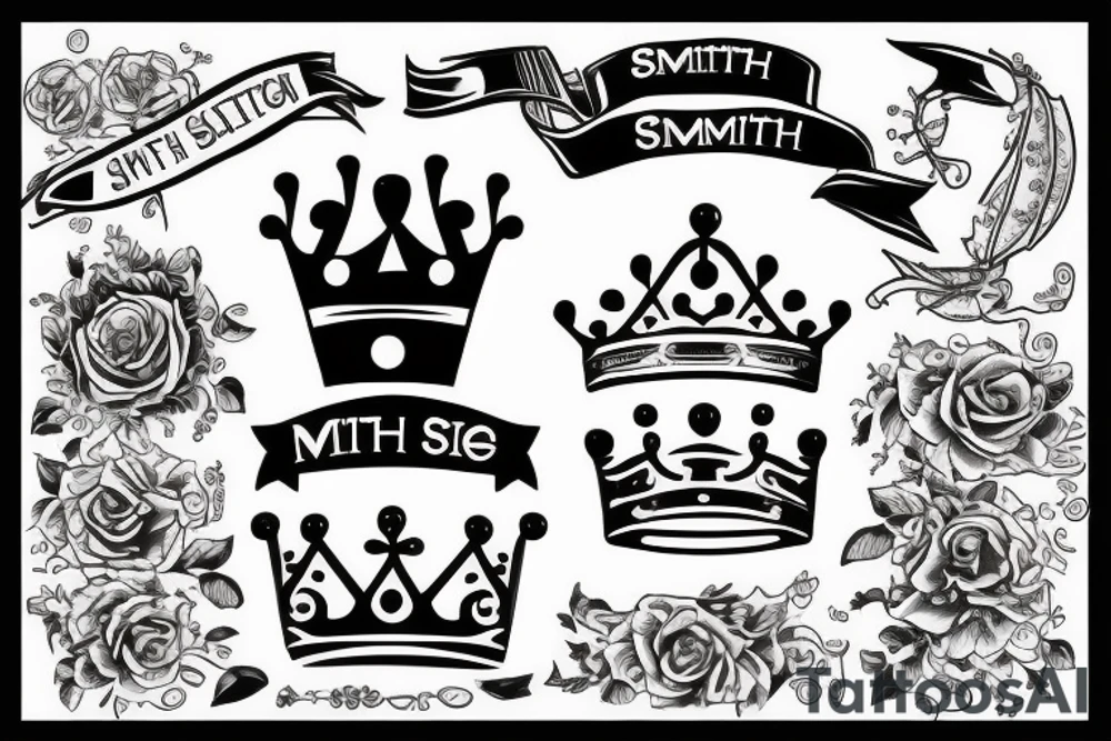 S with a crown on top of it with ribbon that says smith tattoo idea