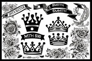 S with a crown on top of it with ribbon that says smith tattoo idea