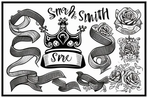 Crown on top of the letter s with a ribbon that says smith underneath it tattoo idea