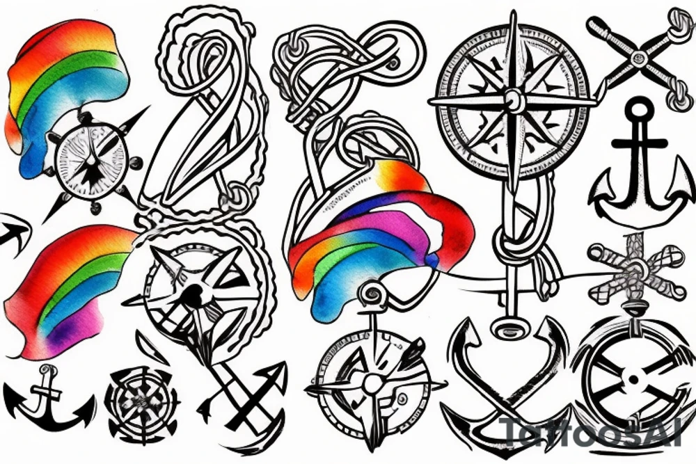 Anchor, compass, rainbow color tattoo idea