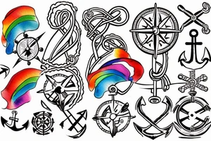 Anchor, compass, rainbow color tattoo idea