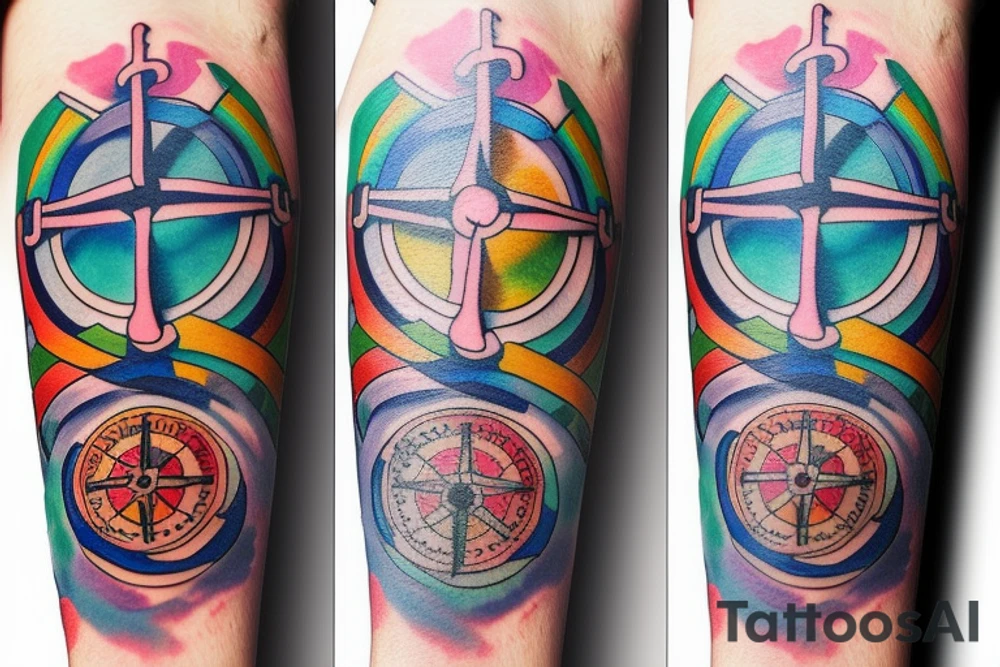 Anchor, compass, rainbow color tattoo idea