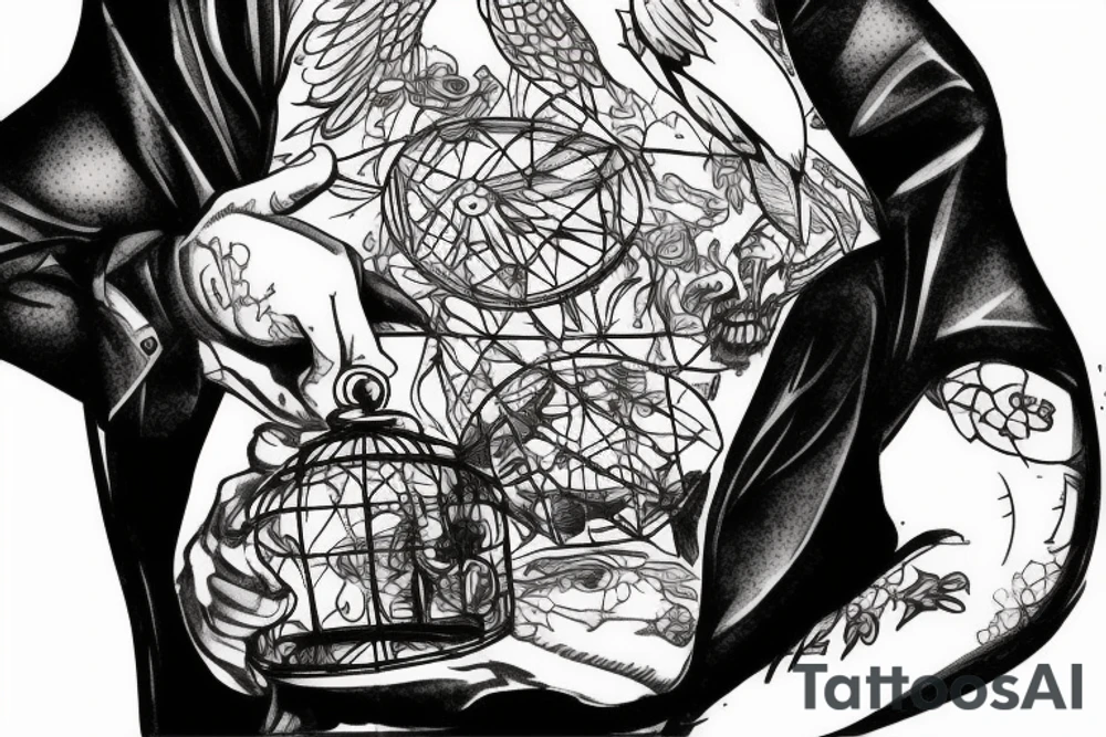 A man sitting in a bird cage where the cage is the brain tattoo idea