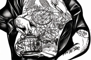 A man sitting in a bird cage where the cage is the brain tattoo idea