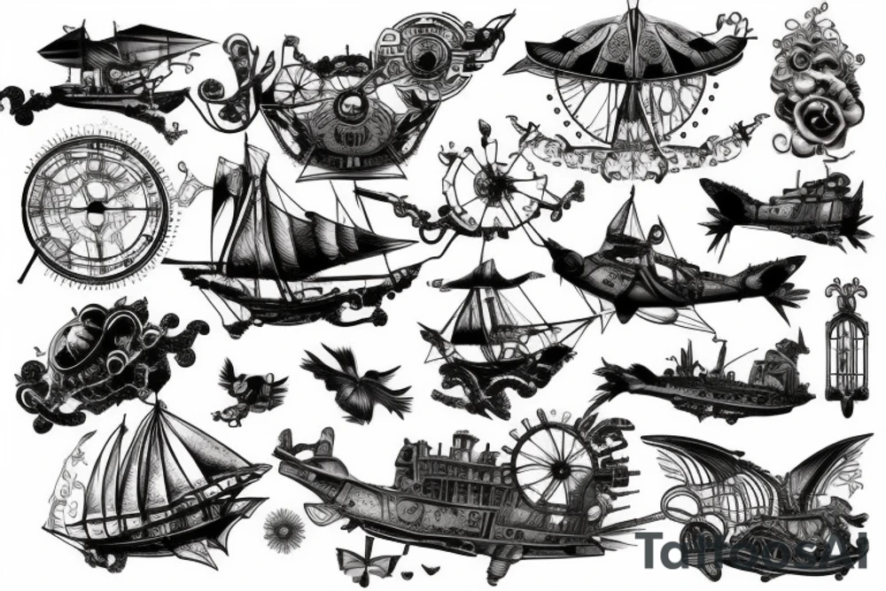 Steampunk flying ship tattoo idea