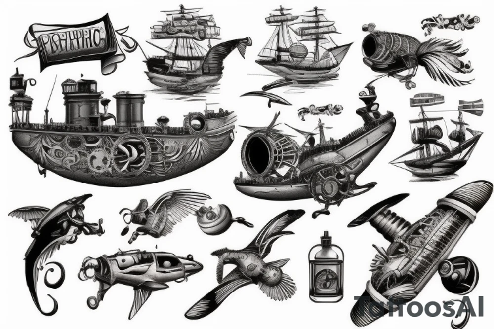 Steampunk flying ship tattoo idea
