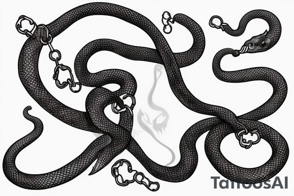 A long snake holds a chain in its mouth tattoo idea