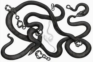 A long snake holds a chain in its mouth tattoo idea