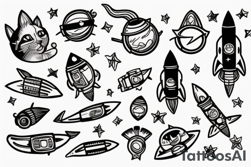 rocket ship with cat inside tattoo idea