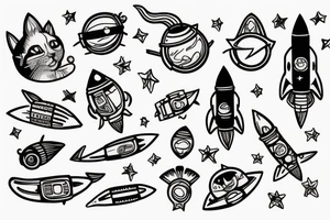 rocket ship with cat inside tattoo idea