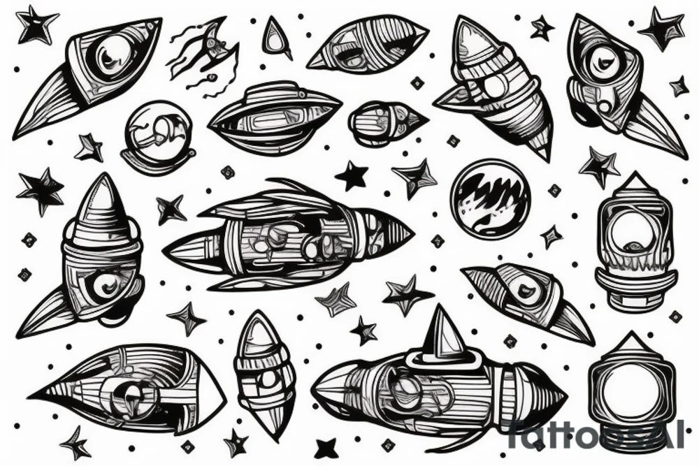 rocket ship with cat inside tattoo idea